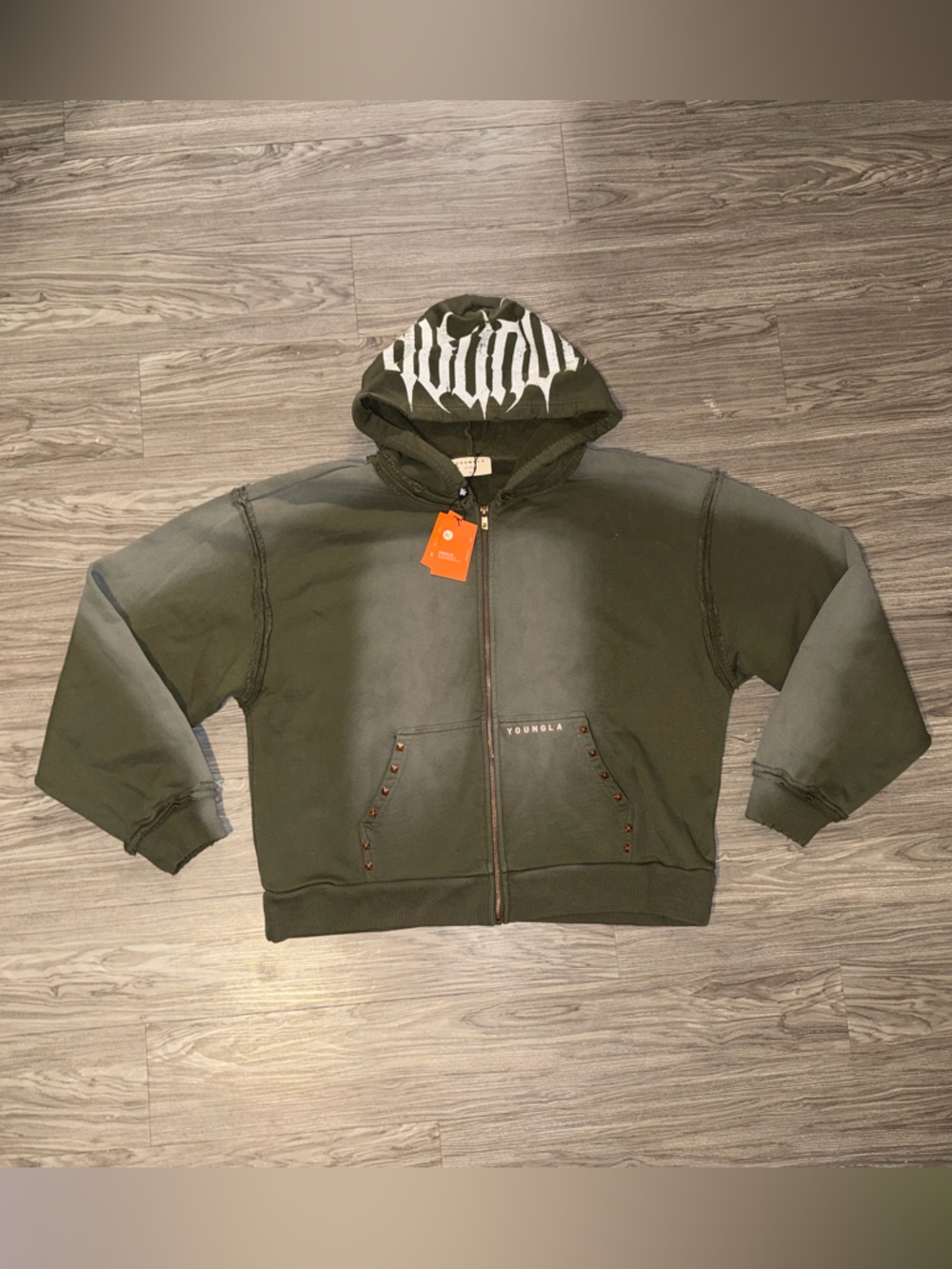 NWT YoungLA Full Zip Hoodie Men’s X Large Faded Olive Green/Tan Studded Logo